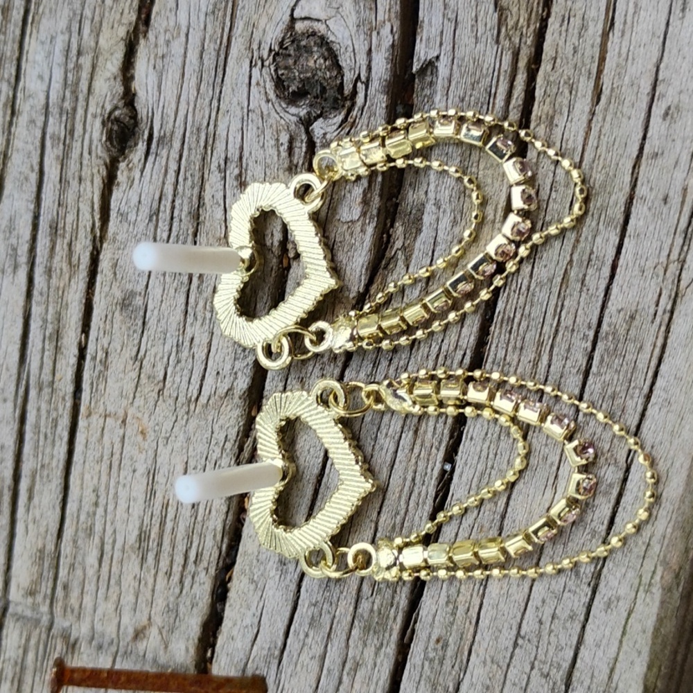 Golden Dangle Hearts Rhinestone post earrings - Picture 2 of 2